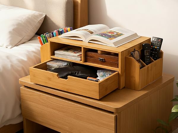 2 Tier Bamboo Desktop Organizer, Desk Monitor Stand Riser