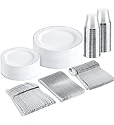 bUCLA 150PCS Silver Disposable Dinnerware Set - White Plates with Silver Rim - Silver Disposable ...
