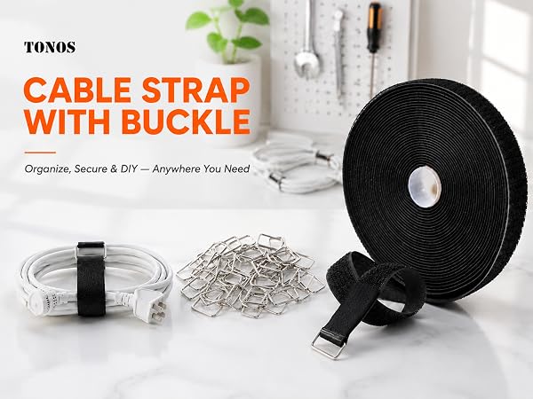 TONOS hook and loop cable straps with metal buckles, wire organizer banner