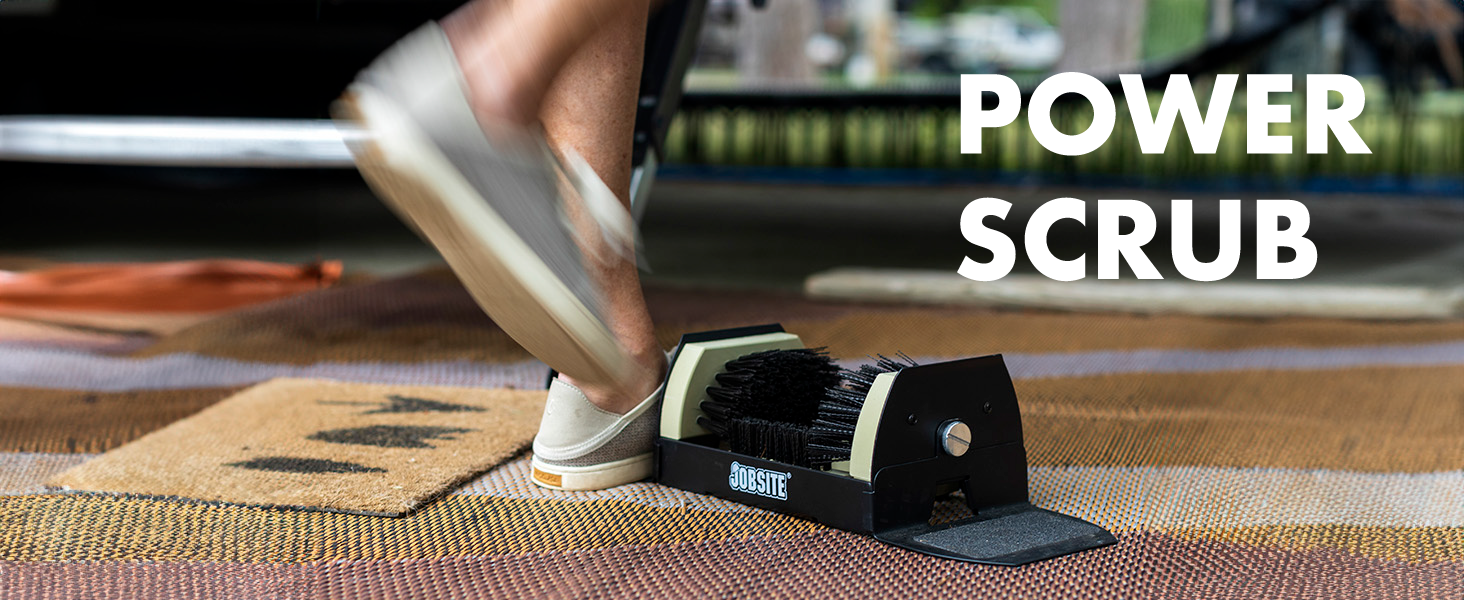 A motion photograph of a scrubber in use in front of an rv. Text reads "power scrub"