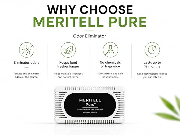 Meritell Pure benefits infographic with freshness and long-lasting protection