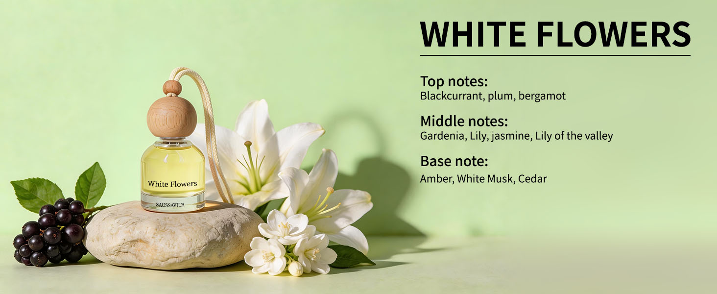 Text reads 'WHITE FLOWERS' with 'Top notes:', 'Middle notes: Lily of the Valley', perfume bottle displayed with white flowers against pale green background.