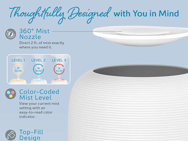 large capacity top fill humidifier color coded mist level 360 mist nozzle