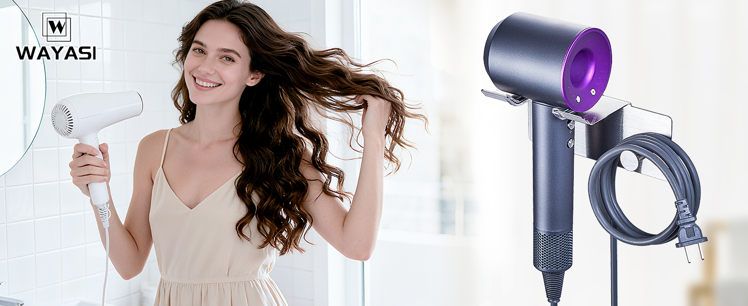 Multiple views of a purple Dyson hair dryer, showing product details and styling demonstrations against white backgrounds.