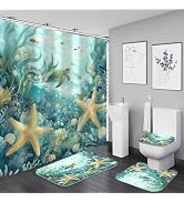 Nkzply 4 Pcs Sea Turtle Shower Curtain Set Teal Bathroom Sets with Rugs | Fabric Beach Bathroom D...