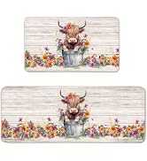 Highland Cow Flower Farmhouse Kitchen Mats Set of 2-17x29 and 17x47 Inch, Decorative Non Slip Bac...