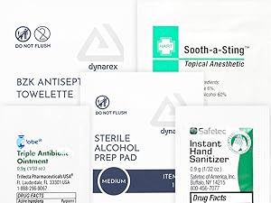 assorted antiseptic packaging sting relief hand sanitizer triple antibiotic BZK prep pad