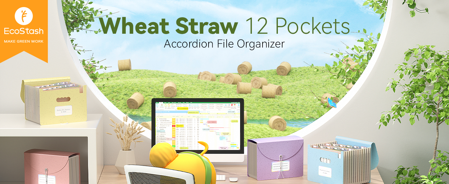 Accordion File Organizer, 12 Pockets Wheat Straw Expanding File Folders