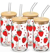 Glass Cups with Lids and Straws with Design Strawberry 4 pcs,Clear Glass Cups 16 oz-DWTS Drinking...