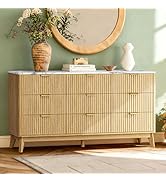 Fkhouse Fluted 9 Drawer Dresser, 57" Wide Chest of Drawers with Faux Marble Top,Modern Dresser TV...