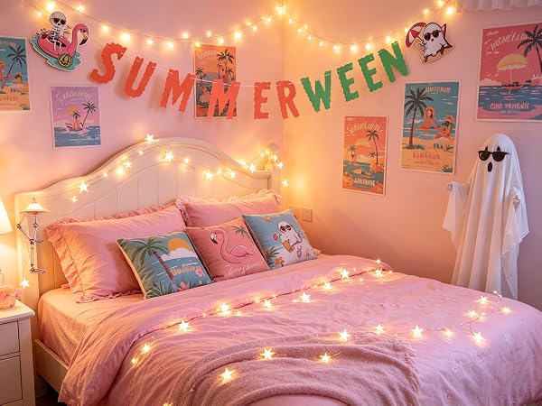 Paper banner above bed, ghost and skull pattern for summer party.