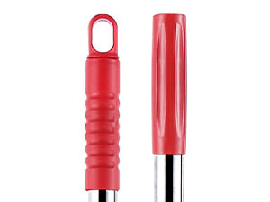 Red plastic crochet hook with a comfortable grip handle and a metal hook end, shown alongside its protective cap.