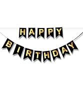Black Happy Birthday Banner,Pre-Strung Black and Gold Birthday Party Decorations Sigh for Birthda...