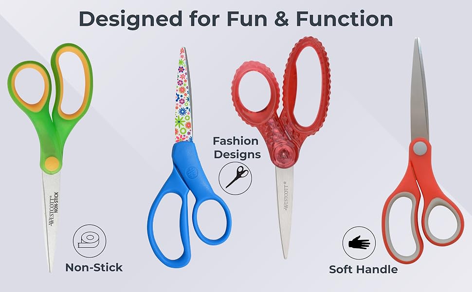Images of student scissors, non-stick, soft handle, fashionable designs, fun and functional