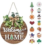 Interchangeable Seasonal Welcome Sign Front Door Decoration, Rustic Round Wood Wreaths Wall Hangi...