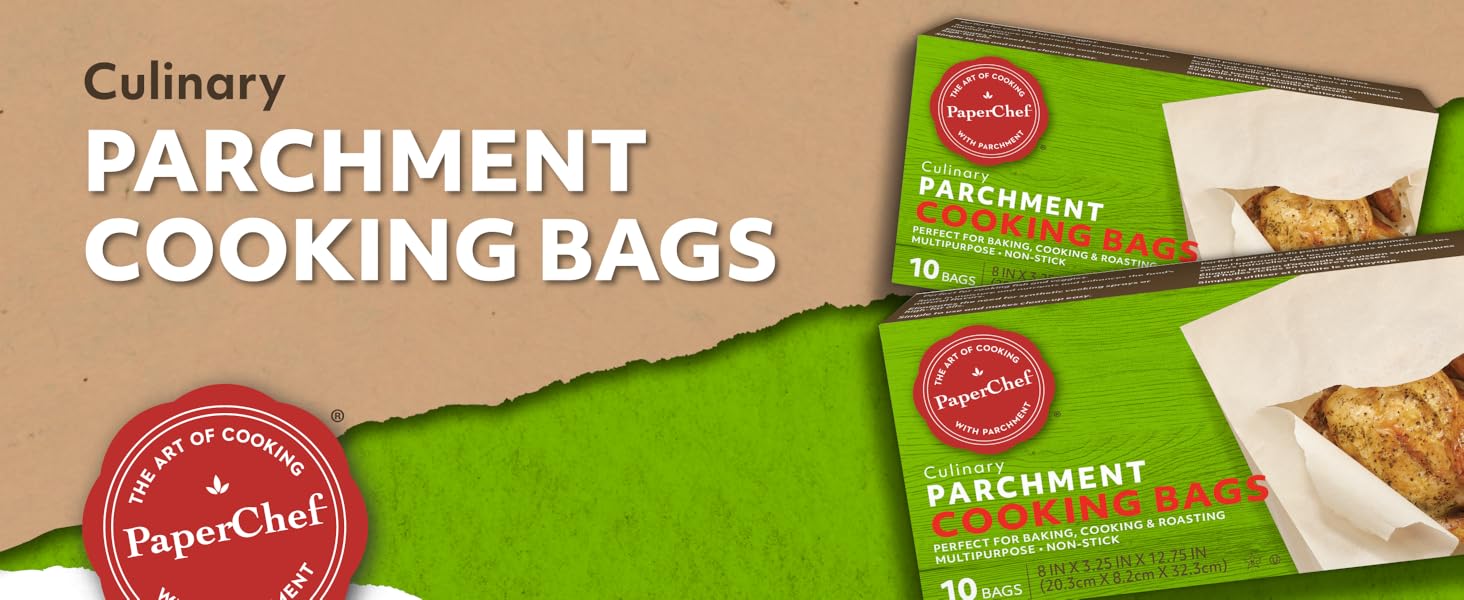 PaperChef parchment bags, cooking bags, oven-safe, non-stick, meal prep, 12 pack