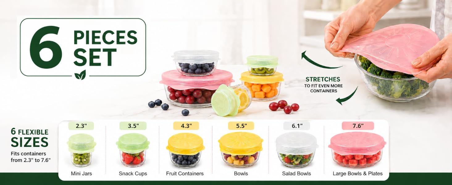 Set of six silicone stretch lid sizes fitting jars, bowls, containers and plates.