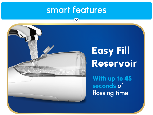 Image of Waterpik Cordless Peal flosser reservoir with text reading easy fill reservoir