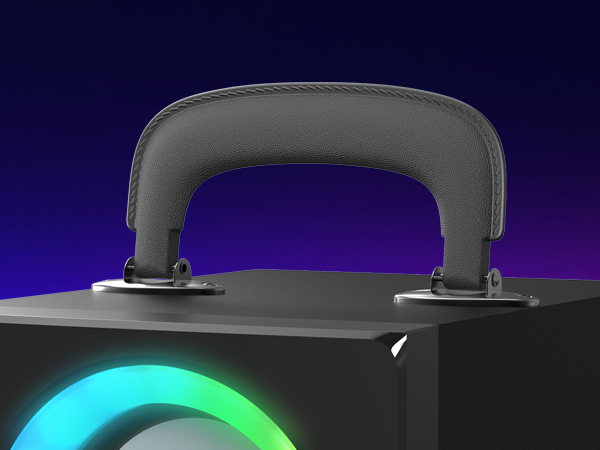Macro shot of a dark leather-like strap attached to an audio device with a neon gradient backdrop.