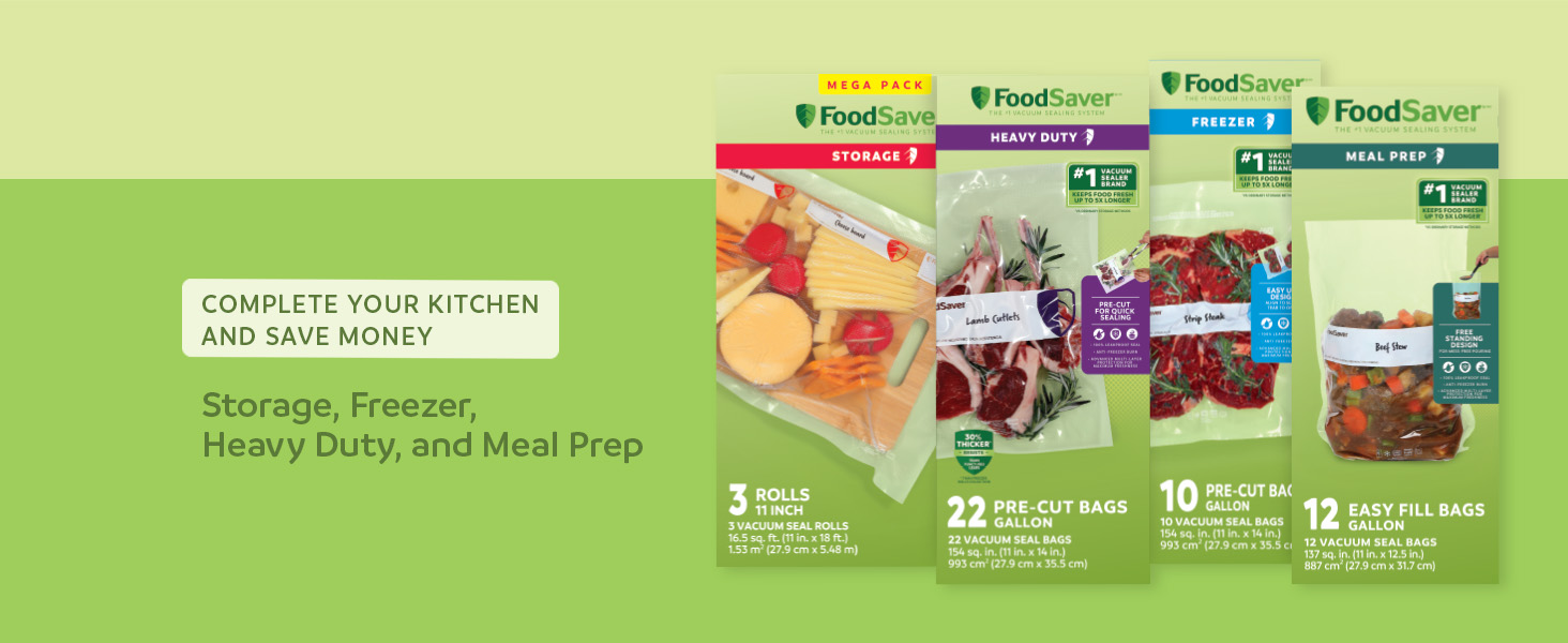 Three types of FoodSaver pre-cut bags and rolls