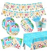 Beach Birthday Party Decorations-142Pcs Summer Plates and Napkins Kit Pool Surfboard Beach Theme ...