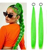 ADIASAI 2 Packs Colored Hair Extensions for Kids Girls Women 26 Inch, Green Ponytail Extensions M...
