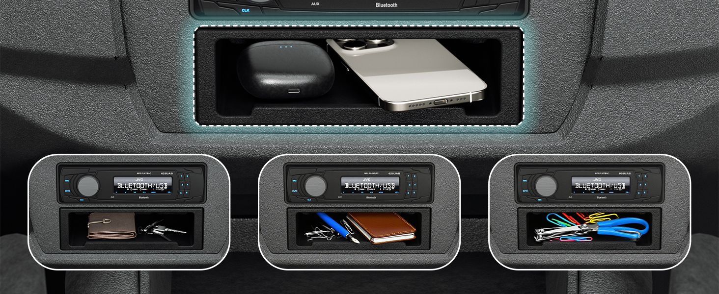Used to store frequently used items such as mobile phones, sunglasses, wallets and flashlights