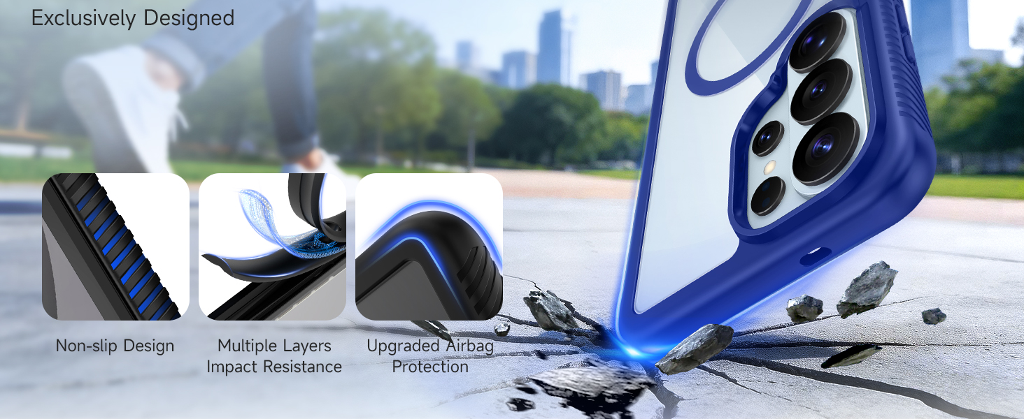 Text reads 'Exclusively Designed', 'Non-slip Design', 'Multiple Layers', 'Shock Absorption', 'Breathable Design'. Blue and white sports shoe displayed with labeled component details showing design features and construction elements.