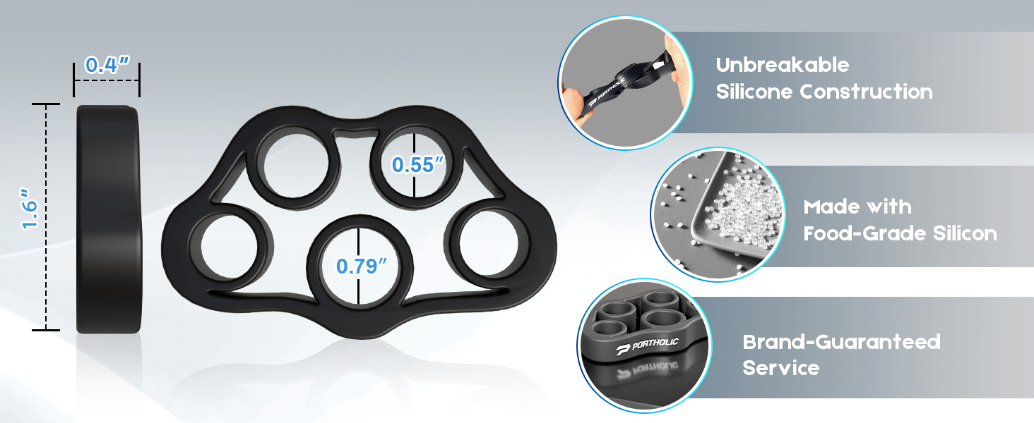 Black silicone hand grip exerciser with five circular openings. Features unbreakable construction, food-grade silicone material, and brand-guaranteed service. Dimensions shown: 1.6 inch thickness, 0.9 inch hole diameter.