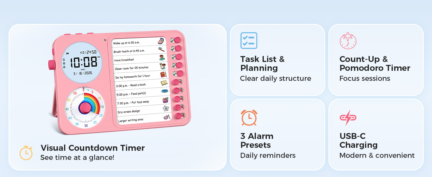3 in 1 Visual Timer ADHD Tool Kids Adults Task Schedule Chore Planning Board Home White pink blue