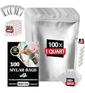 100pcs Quart Mylar Bags with Oxygen Absorbers - 112 Labels & Stand-Up Zipper Bags- Airtight Smell...