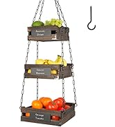 J JACKCUBE DESIGN 3-Tier Rustic Wood Hanging Fruit Basket, Kitchen Fruit, Vegetable Storage Organ...