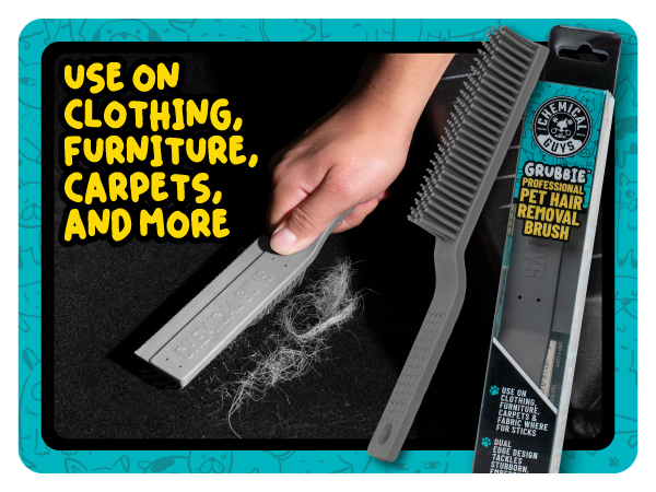 Rubber pet hair brush that pulls embedded dog and cat hair from car seats fast.