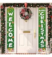 Ivenf Outdoor Christmas Decorations Yard: Cute Green White Front Porch Sign Banner, Welcome Merry...