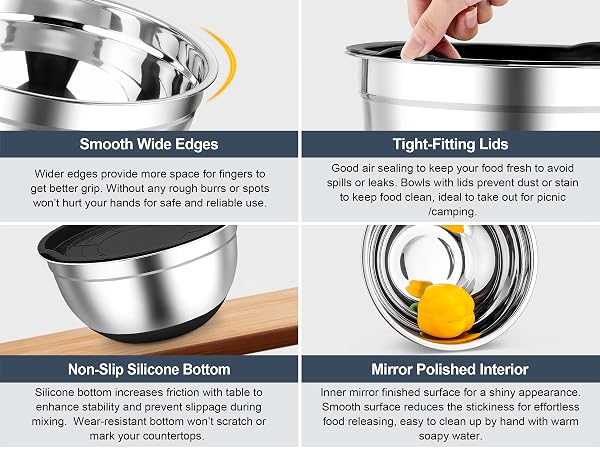 plastic airtight covers retain food freshness, Non-slip silicone bottom prevent the bowls slippage