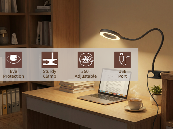 USB clip on desk lamp with clamp on office desk, 48 LED book light for reading, eye protection