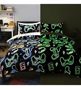 Holawakaka Kids Gamer Bedding Set Twin Size, Glow in The Dark Game Controller Comforter Set with ...