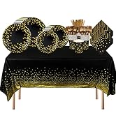 176 Pieces Black Gold Party Dinnerware Set Black Golden Dot Disposable Party Dinnerware Plate 7" ...