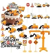 Hooqict 21Pcs Construction Cake Decorations Set with Mini Excavator Dump Truck Tractor, Traffic R...