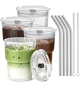 TUZAZO 13 Oz Ribbed Glass Tumblers with Lids and Straws - 4 Pack Glass Coffee Cups with Straws an...
