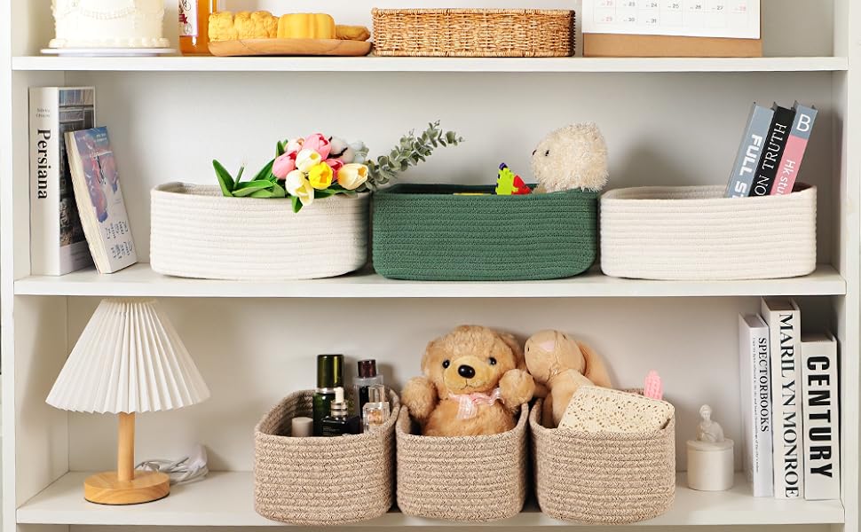 3 sets of shelves and baskets for storage and organization