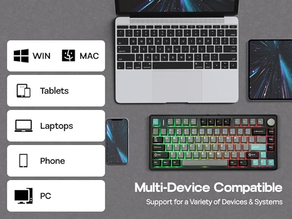 Text reads 'Multi-Device Compatible'. Icons show compatibility with PC, laptops, tablets, phones, Windows and Mac systems. Features gaming keyboard with illuminated keys.