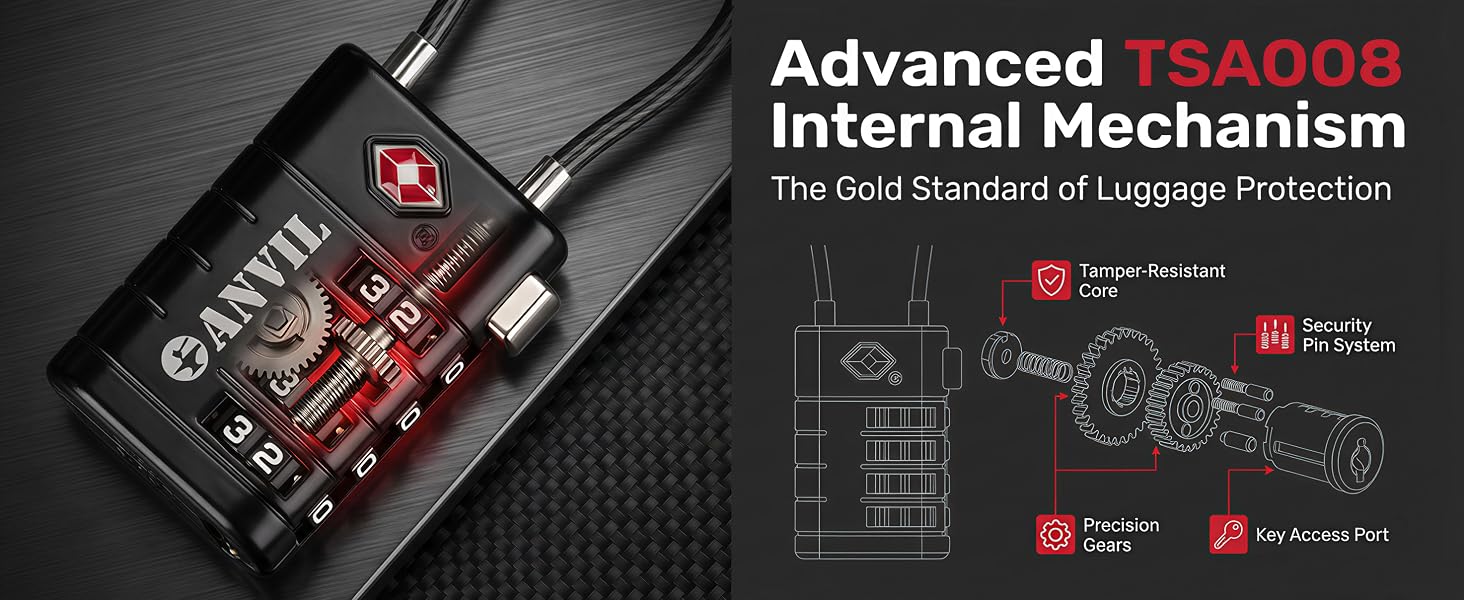 ANVIL TSA008 approved 4-digit cable luggage lock with precision gears and tamper-resistant core.