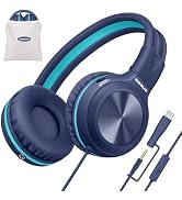 SIMOLIO Wired Headphones for Kids w/USB C to 3. 5mm Dongle, Built-in Mic & Share Port, 3-Level Vo...