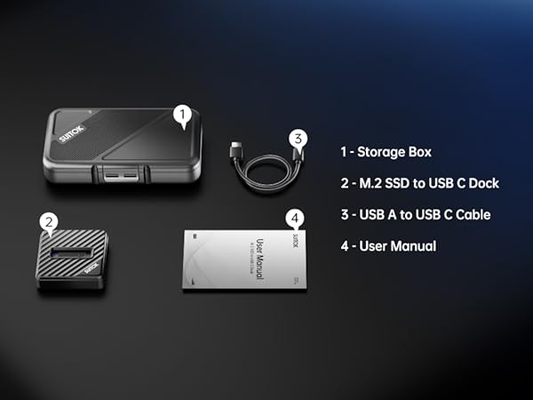 Package contents: plastic M.2 SSD reader, USB A to C cable, and storage box.