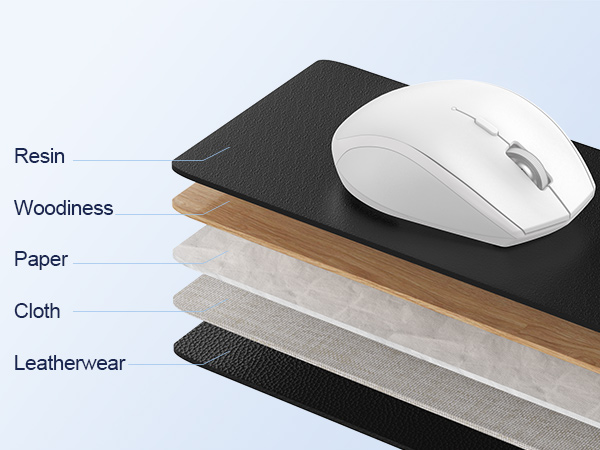Layered mouse pads in various materials: resin, wood, paper, cloth, and leatherwear. A white wireless mouse rests on the topmost black pad.