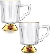 Joeyan Glass Coffee Mugs with Handle,Vintage Ribbed Clear Coffee Cups,Tea latte Cappuccino Espres...