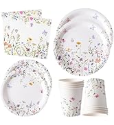 96PCS Wildflower Paper Plates and Napkins, Disposable Floral Plates for Bridal Shower, Garden Par...