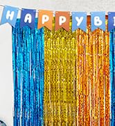 Foil Fringe Curtains Backdrop Birthday Party Decorations, 3.28 x 6.56 Ft Blue Gol...