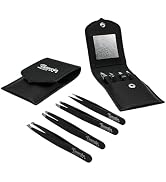 TWEEZIA Premium Stainless Steel Tweezers, w/4 Precision Tips, Mirror and Leather Case, for Person...